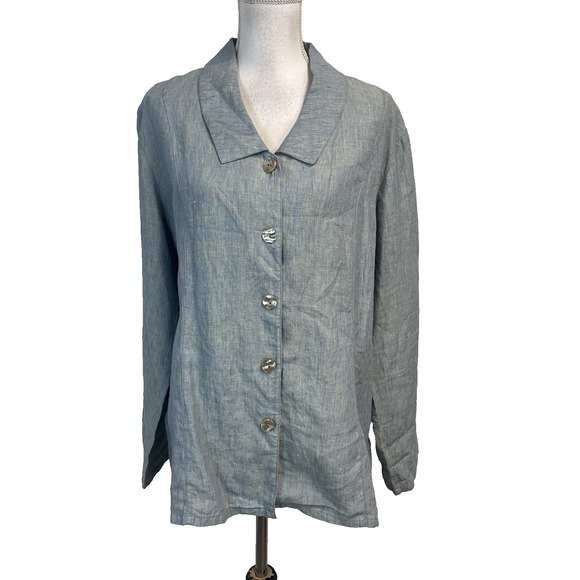 TSD Two Star Dog Blue Green Linen Lagenlook Boho Jacket Blouse Size XL Casual - Picture 1 of 9